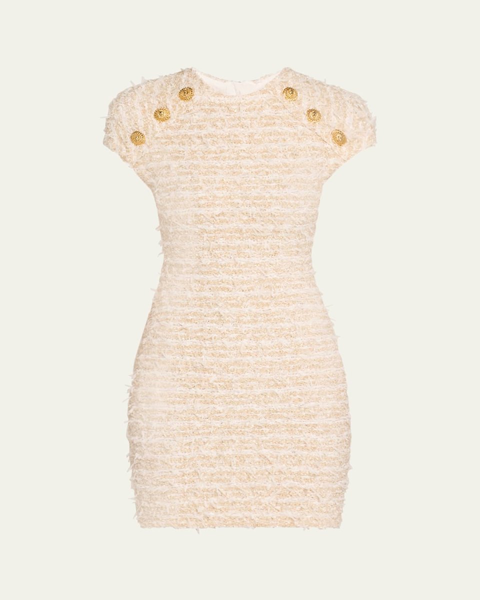 Short Sleeve Button Tweed Mini Dress